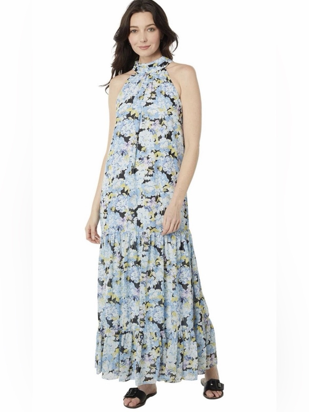 Vince Camuto Blue Floral Tiered Halter Maxi Dress XL